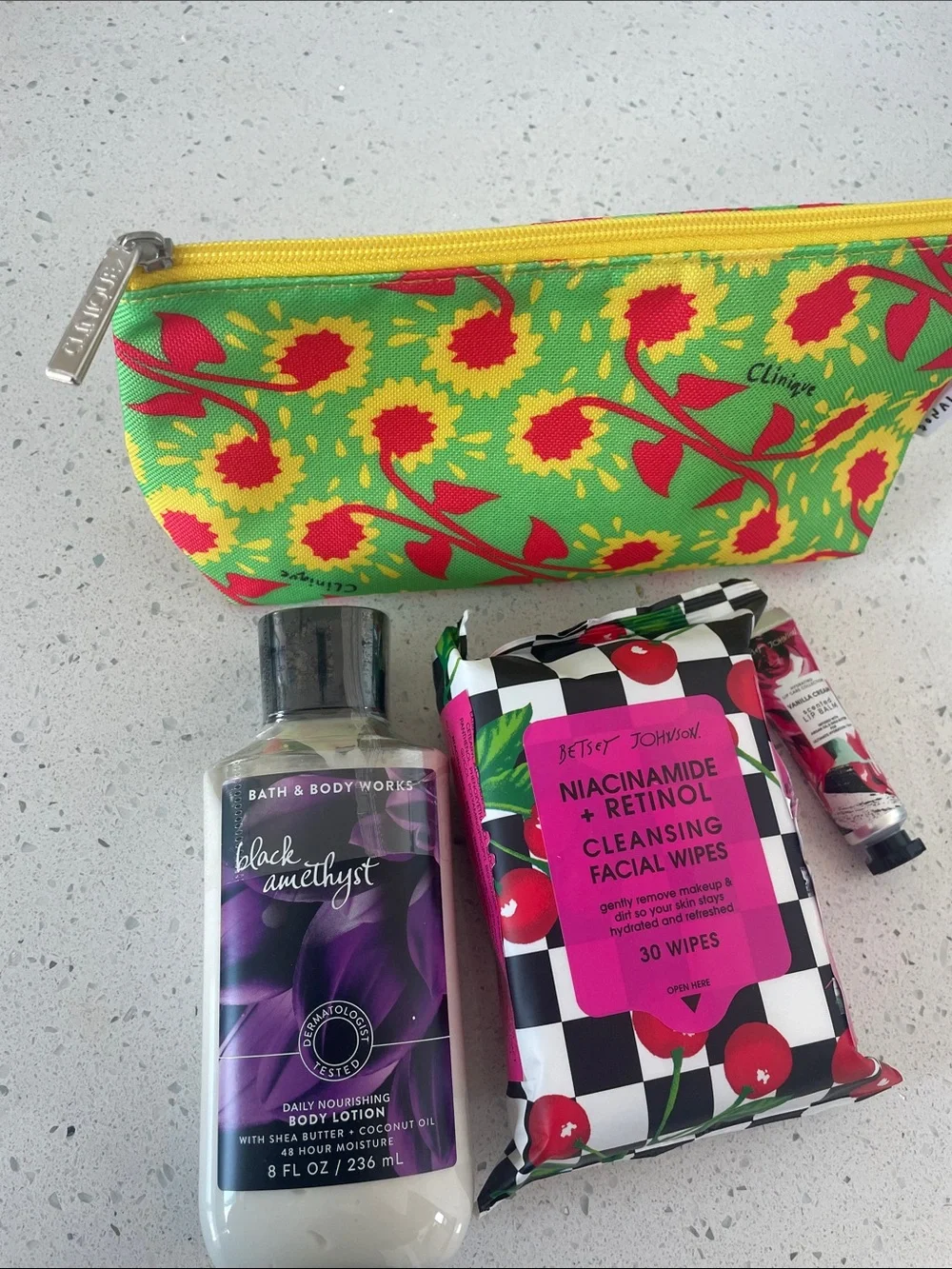 Bundle -Clinique Makeup bag, BBW lotion, Betsey Johnson face wipes, and lip balm